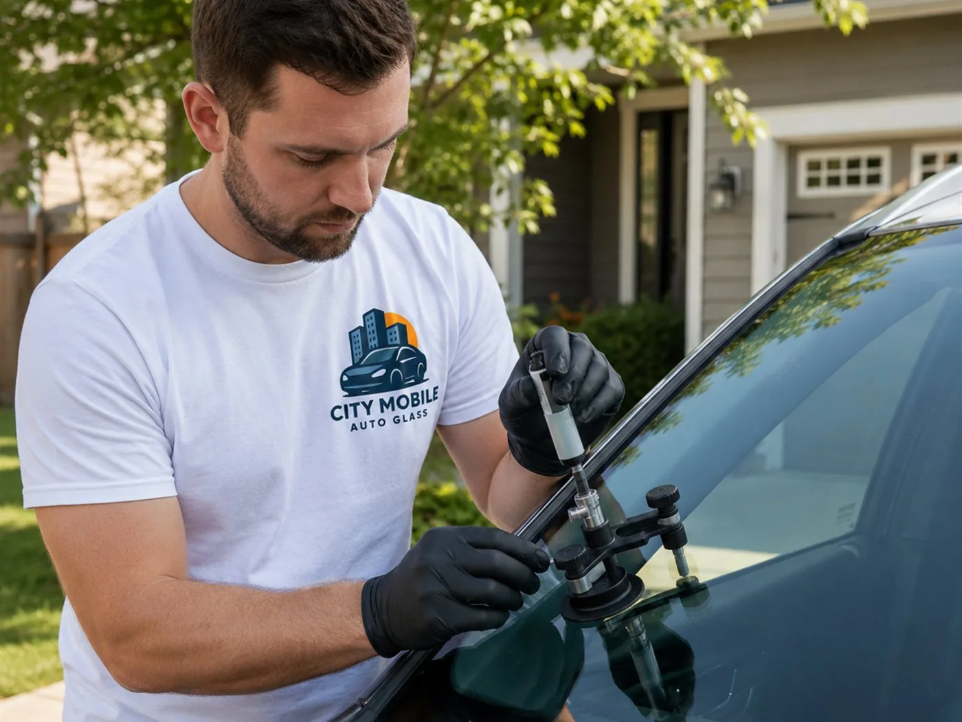 A City Mobile Auto Glass technician performing a windshield repair on a vehicle in a Canoga Park driveway
