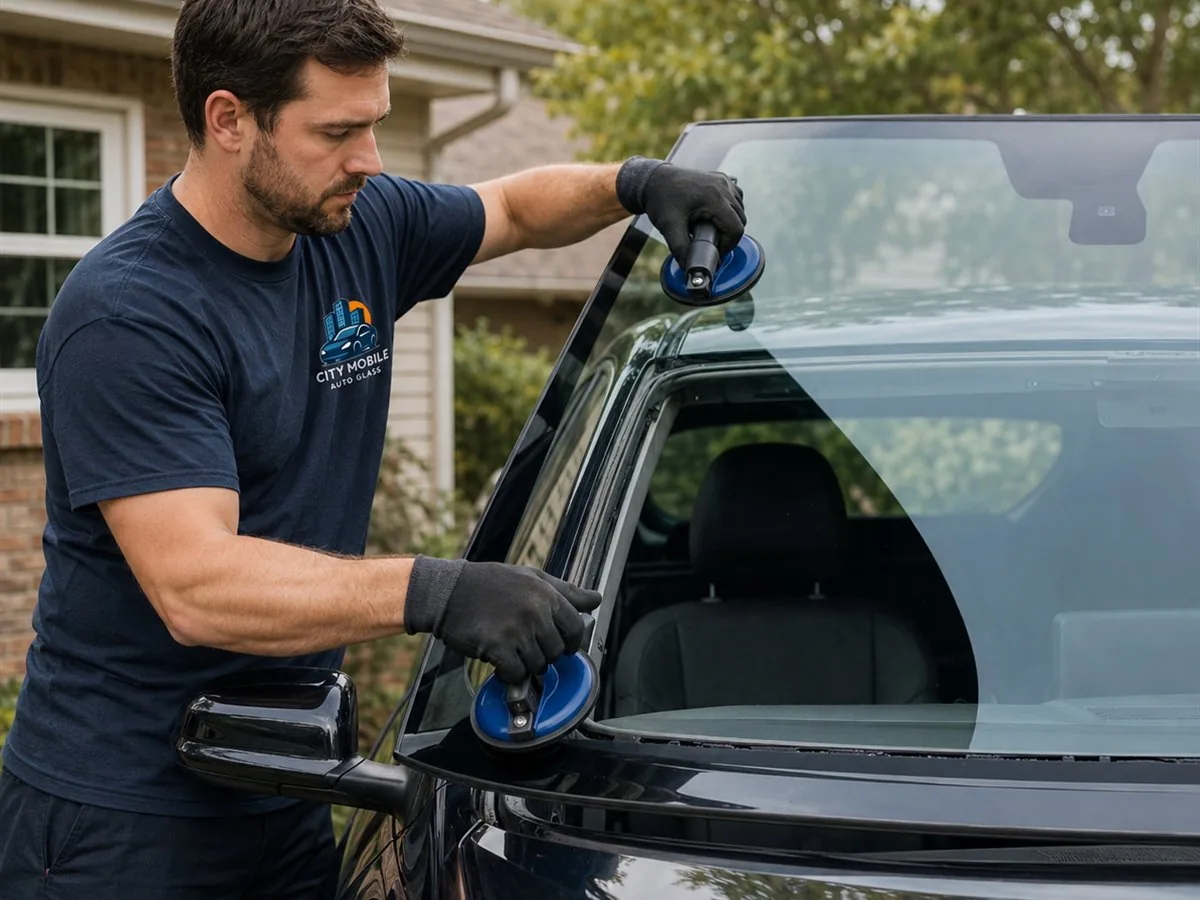 City Mobile Auto Glass technician replacing a windshield in Mission Hills, CA